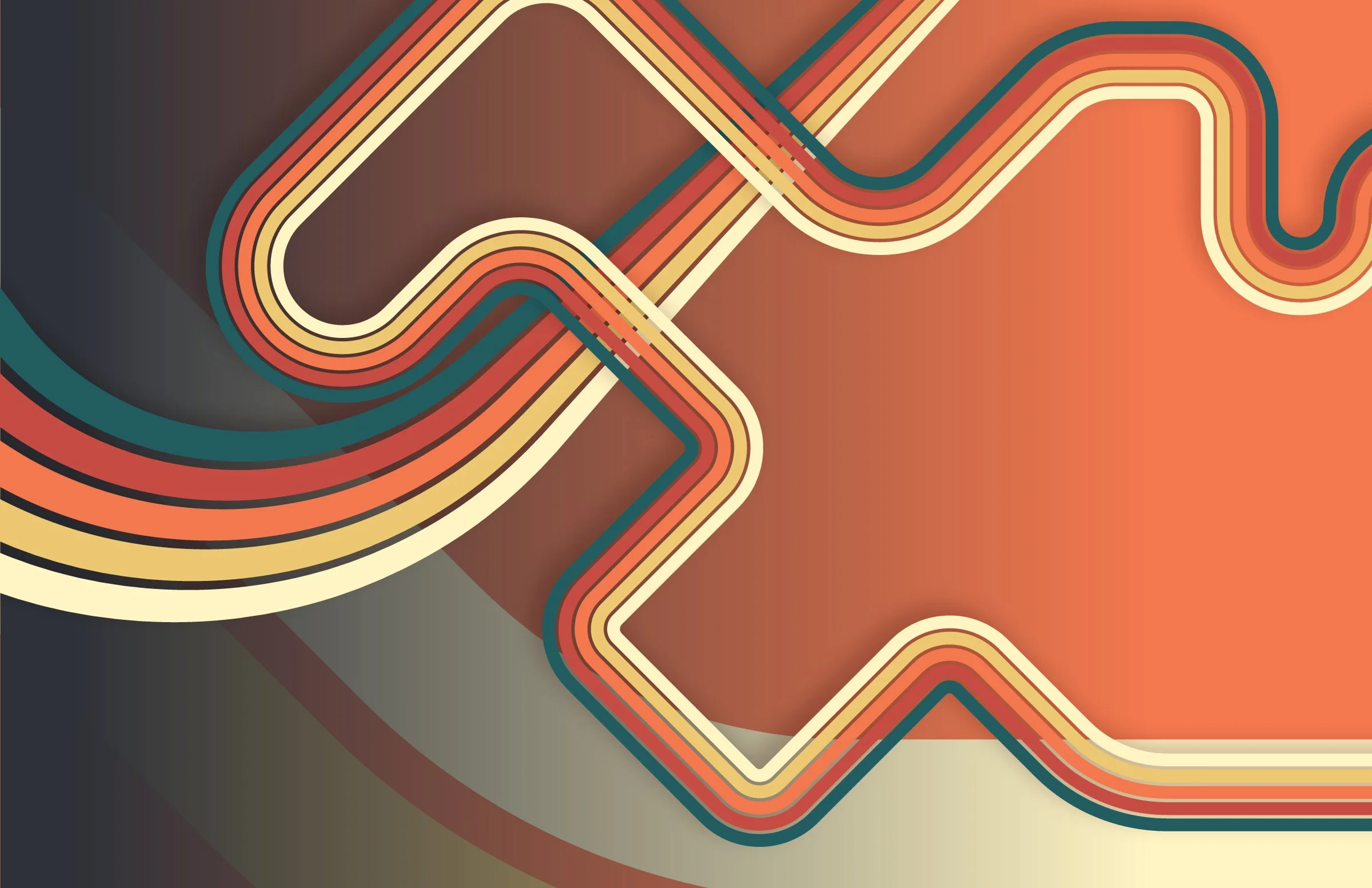 Abstract geometric design featuring overlapping multicolored lines forming open and closed shapes on a background with warm and dark tones.