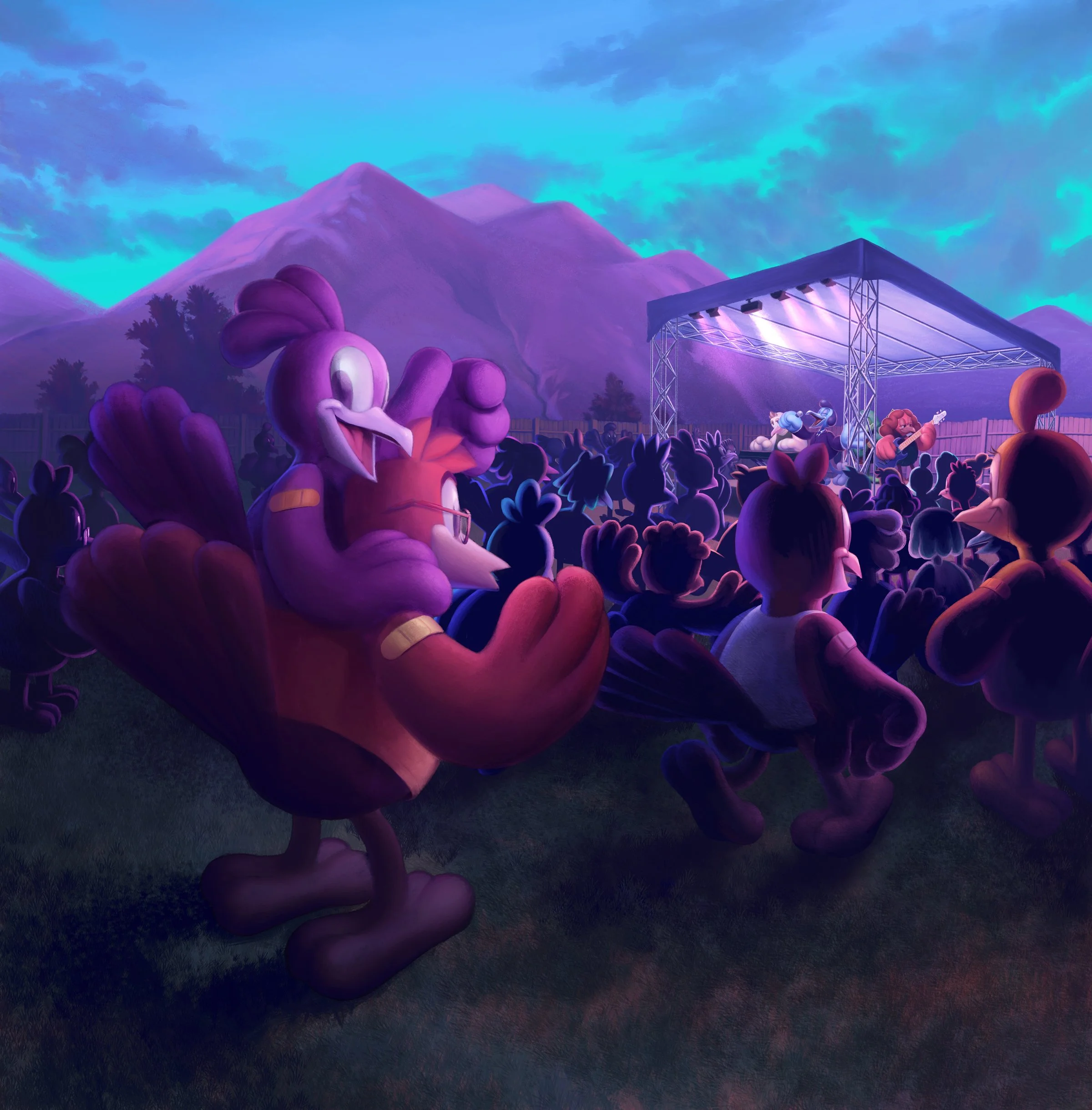A lively outdoor concert scene at dusk at an outdoor concert venue near the Sangre de Cristo mountains. A crowd is gathered in front of a stage, where several cartoon roadrunners are performing.