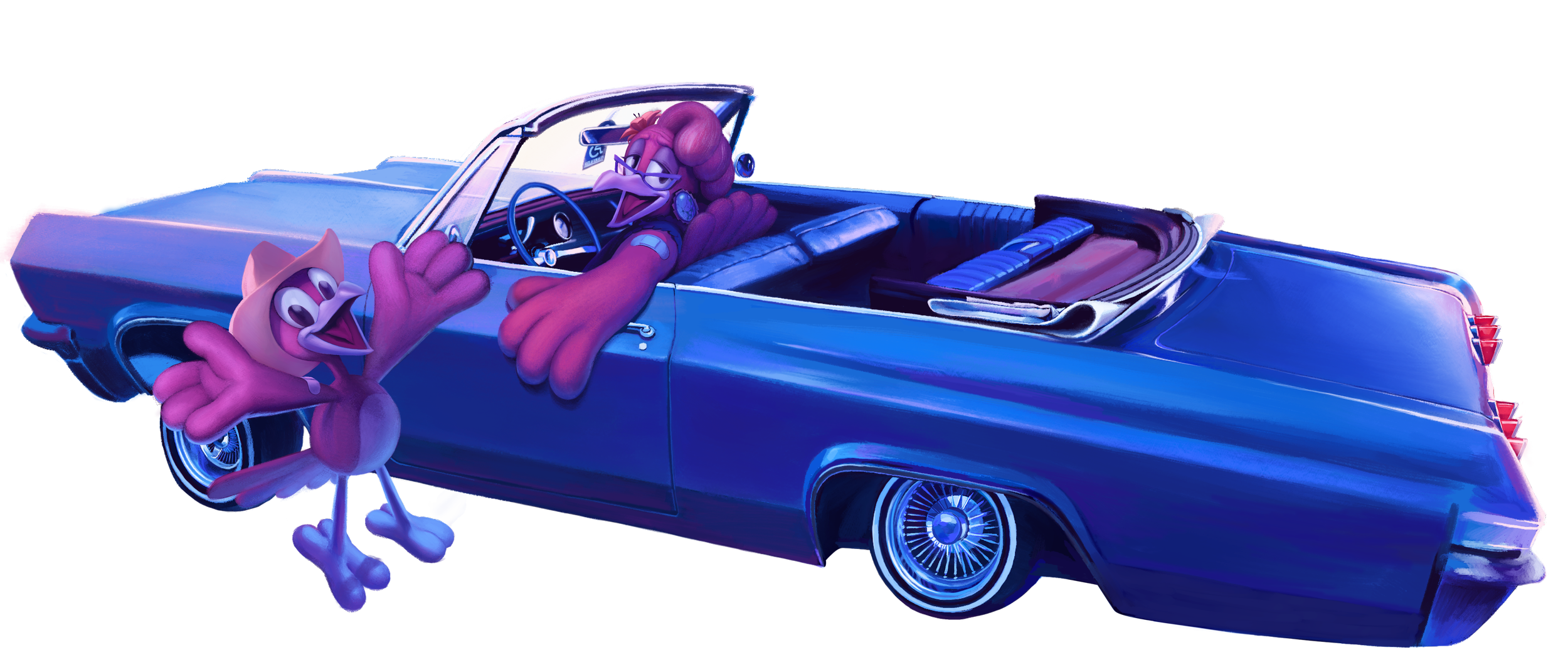 An illustration of two roadrunner characters. One is a grandma driving a lowrider. The other is a young roadrunner wearing a cowboy hat.