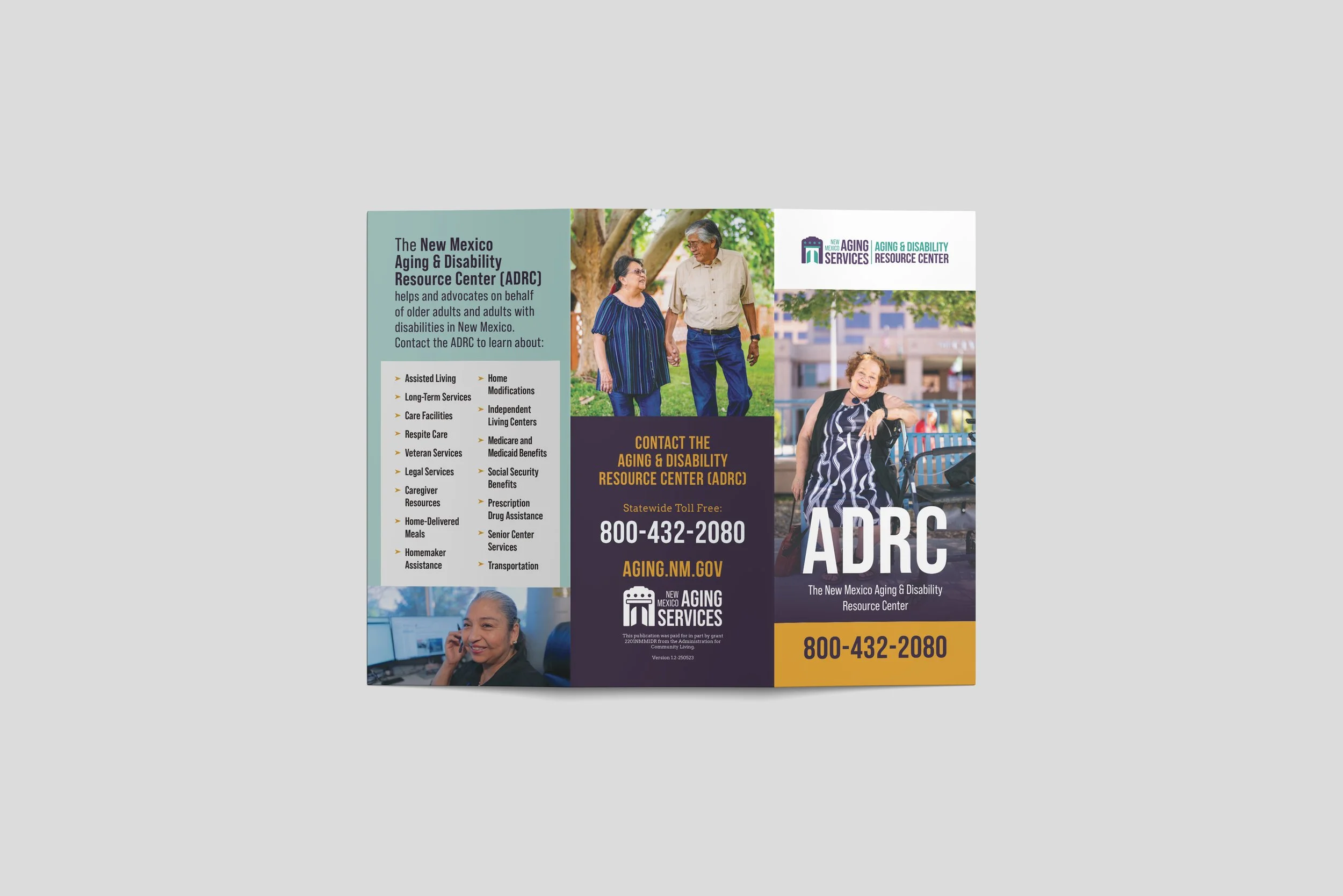 Brochure outside for the New Mexico Aging & Disability Resource Center (ADRC) with contact information and list of services, featuring photos of older adults and a caregiver.