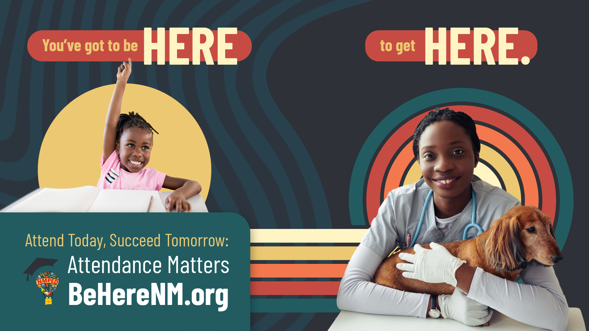A promotional graphic with a dark background and colorful circles, featuring a smiling young girl with braids raising her hand, and a healthcare professional in a white coat with a stethoscope around her neck, holding a brown and white dog. The text 
