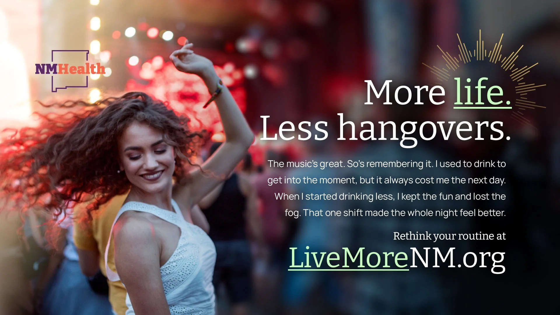 A smiling woman dancing at a concert with her eyes closed and curly hair flowing, accompanied by the LiveMoreNM.org logo and text promoting healthier living.