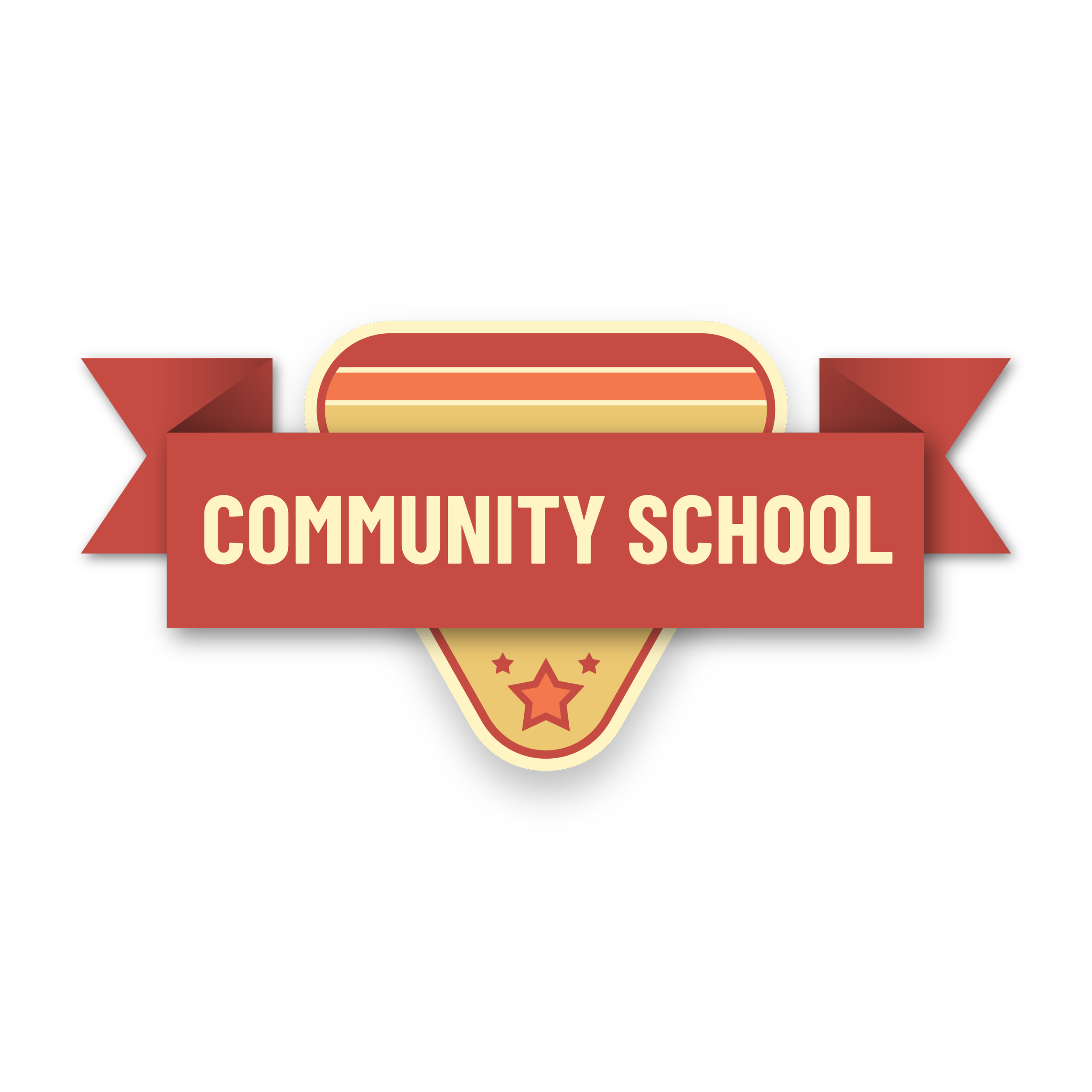 A red badge with the text 'COMMUNITY SCHOOL' and a star emblem.