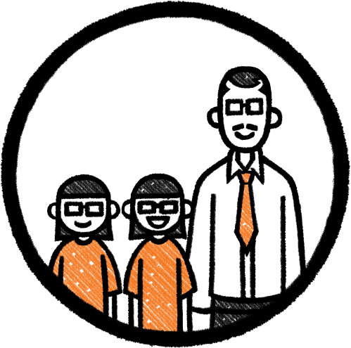 A black and white cartoon illustration of a man with two children, all wearing glasses. The man is dressed in a shirt and tie, while the children are wearing matching shirts.
