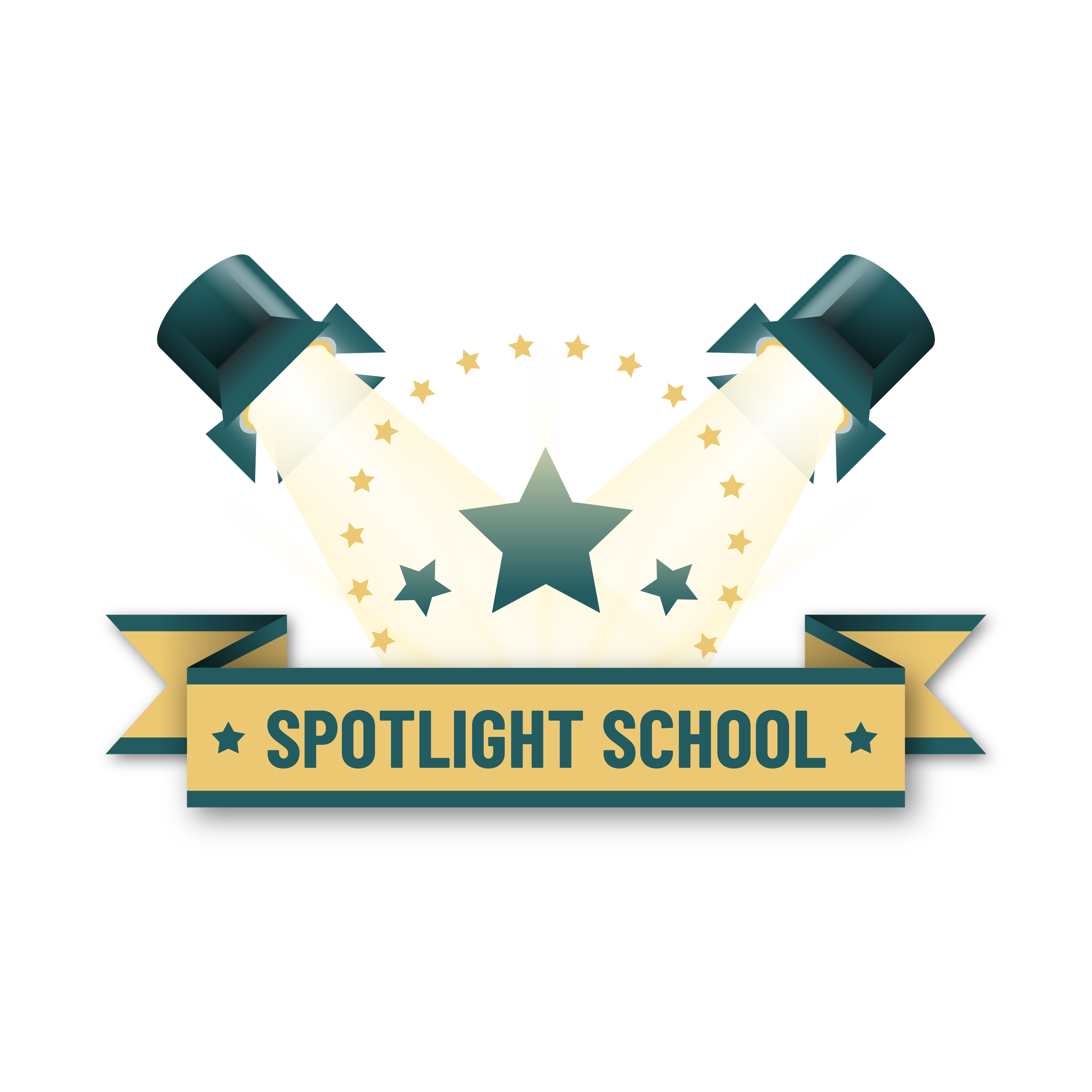 Gold stars and a sign reading 'Spotlight School' with teal and gold accents.