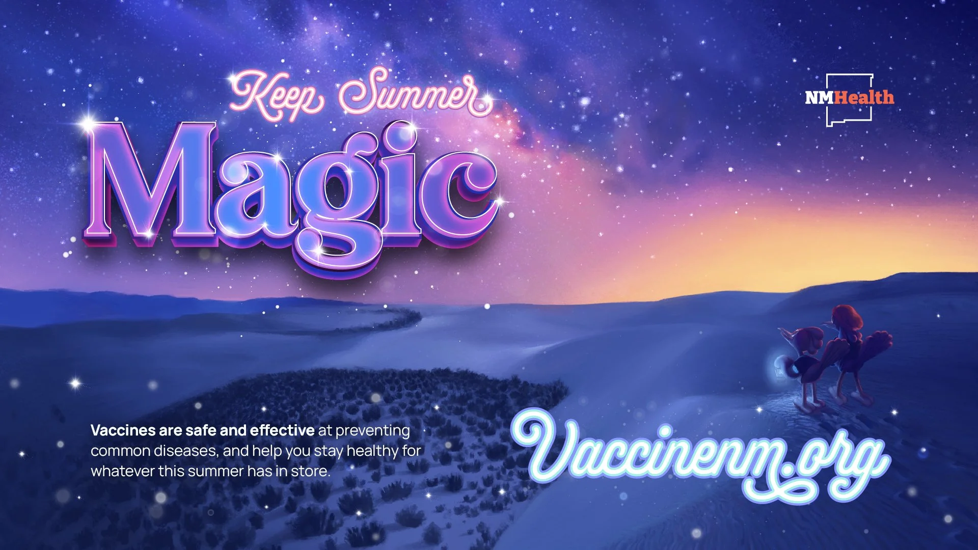 Nighttime scene with a purple and pink starry sky and a colorful horizon. Two characters, Mario and Luigi, are standing on a hill holding a glowing ball, with the text 'Keep Summer Magic' and a website address Vaccinern.org, encouraging vaccination.