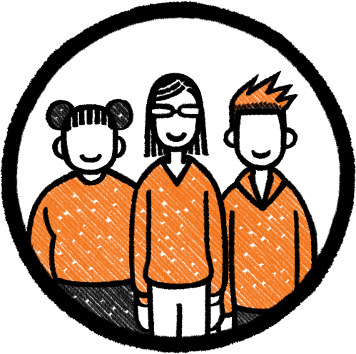 Drawing of three smiling people, two women and one man, wearing orange sweaters, standing together against a black and white circular background.