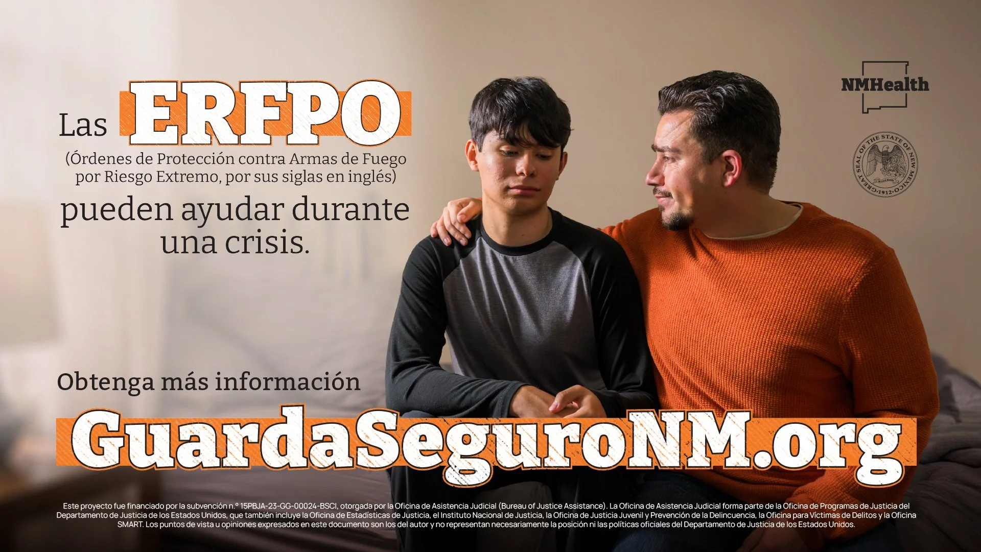 A man and a teenage boy sit together, with the man comforting the boy who looks downcast. The background has text promoting ERPO, firearm protective orders, and a website on gun safety.