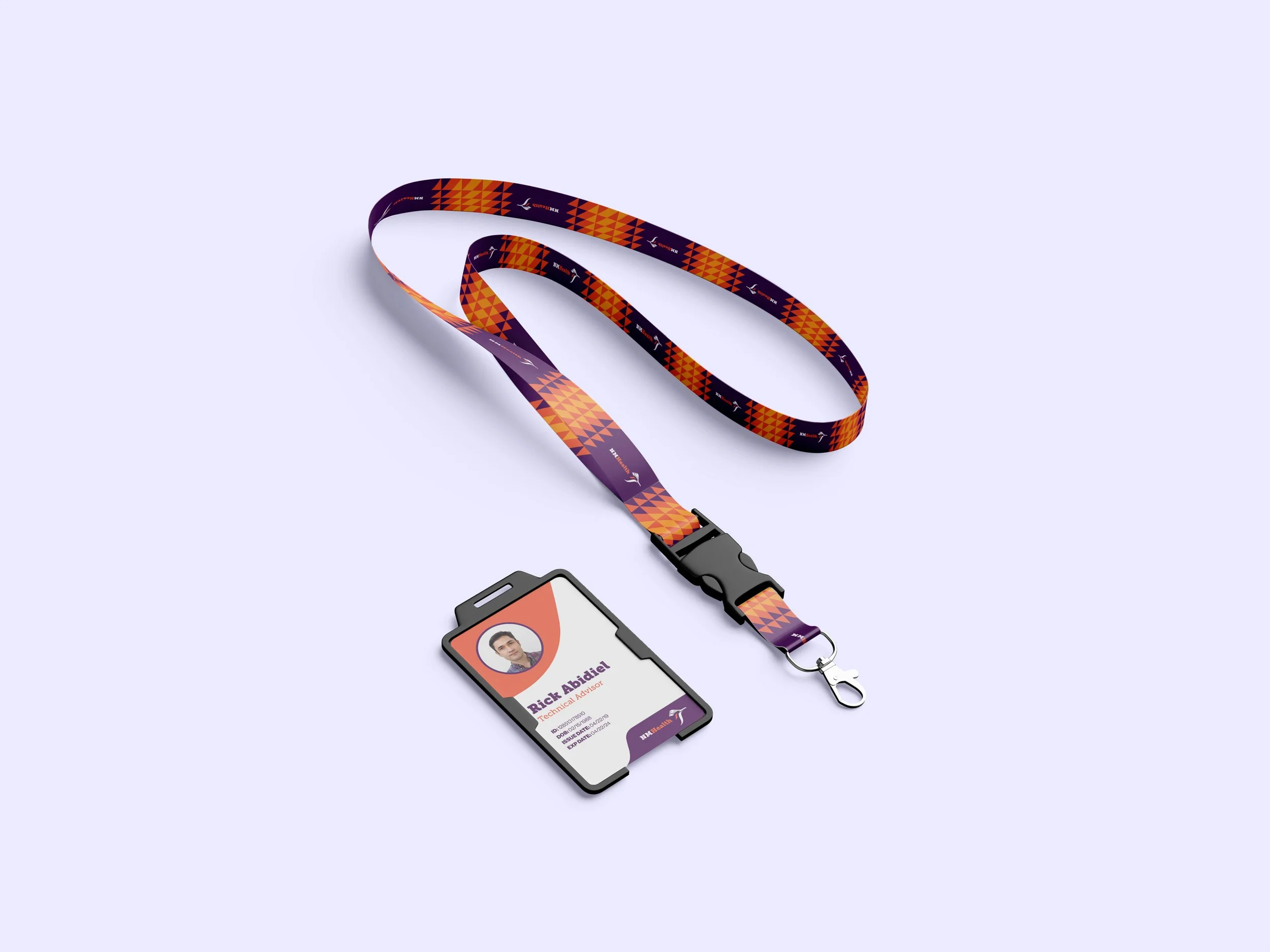 Identification badge for Rick Abdiel with his photo, title, and organization logo, connected to a lanyard and a phone displaying his contact information.