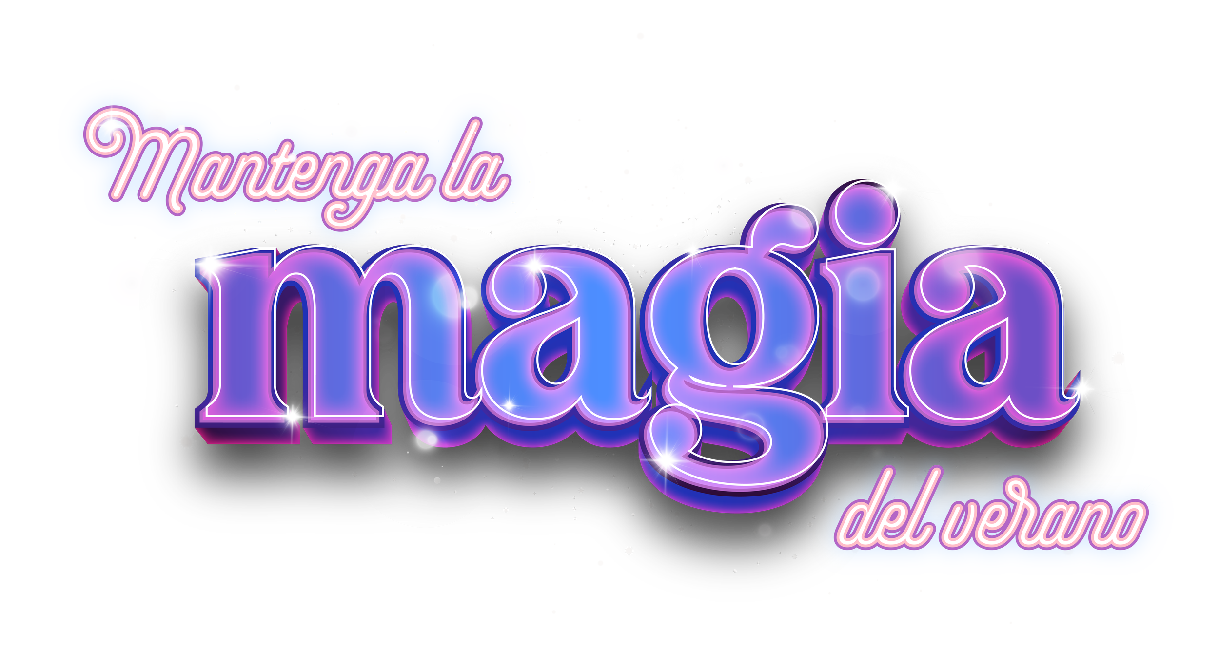 Colorful neon-style sign that reads 'Mantenga la magia del verano' in pink, purple, and blue with sparkling effects around the text.