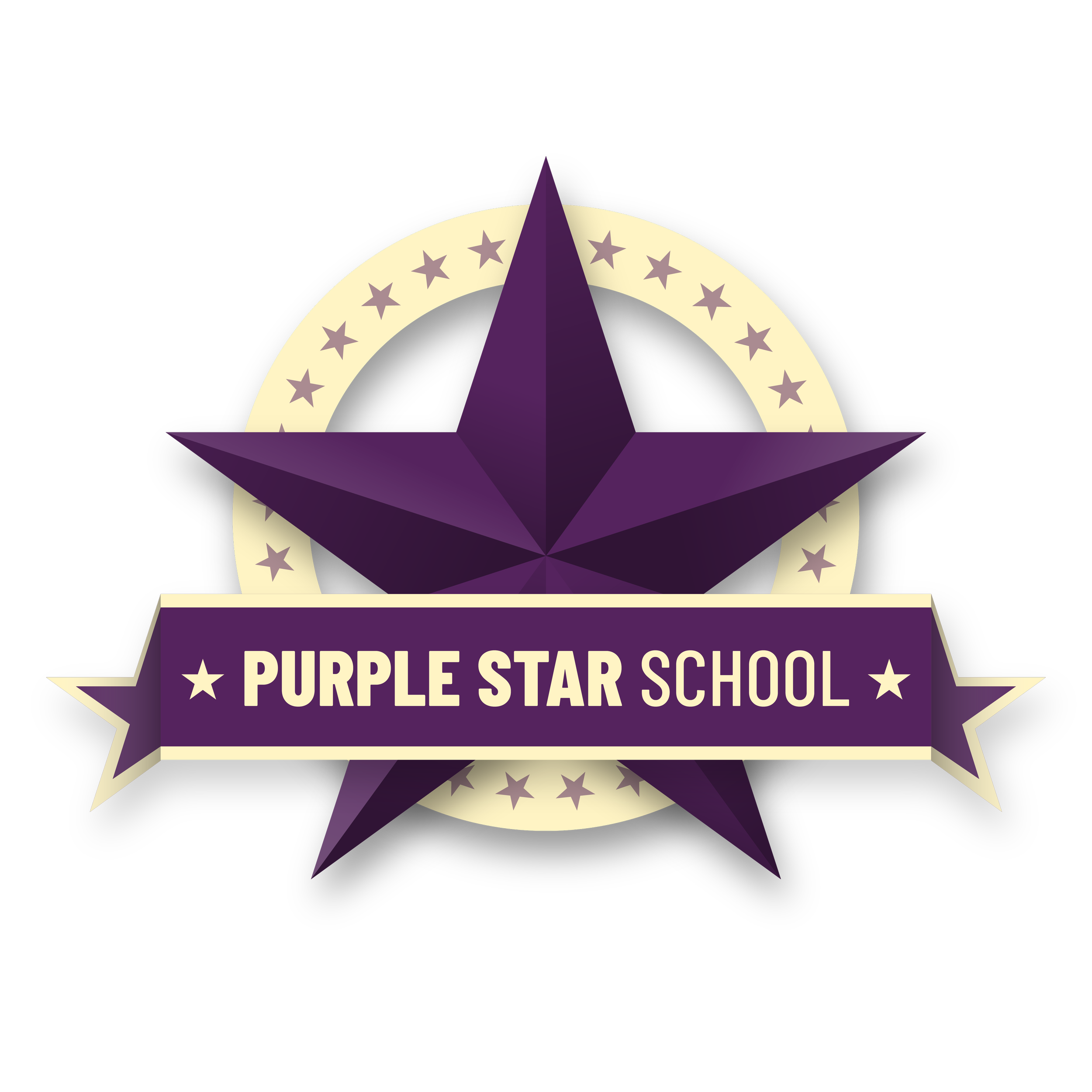 A decorative award badge with a purple star at the center, a white ribbon with purple stars arching over the star, and a purple banner at the bottom reading 'Purple Star School'.