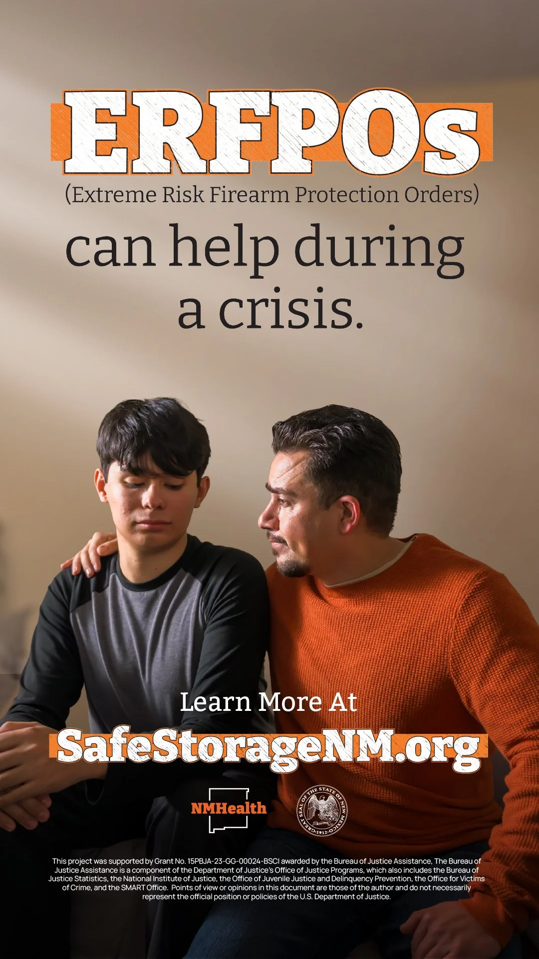 Poster about ERFPOS, highlighting that it can help during a crisis, with a photo of a man comforting a young boy who looks distressed.