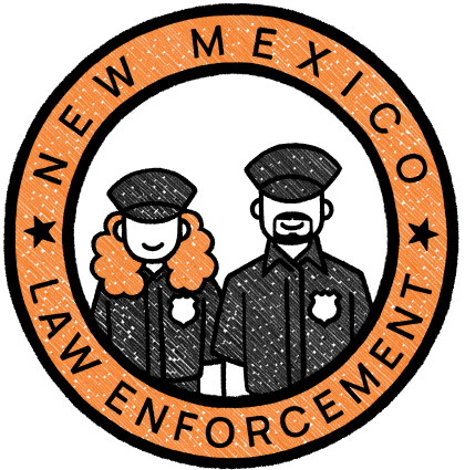 Logo featuring two cartoon police officers, a woman and a man, the woman with orange curly hair and the man with a mustache, within an orange circle labeled 'New Mexico Law Enforcement'.