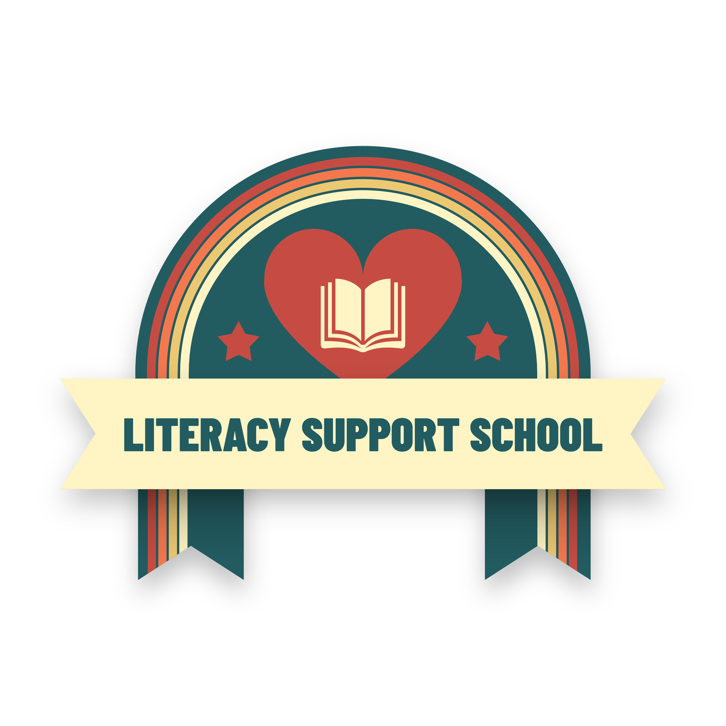 A graphic logo for a literacy support school featuring a stylized open book inside a heart, with a rainbow arch above and surrounding stars and stripes, and the words 'Literacy Support School' on a ribbon banner.