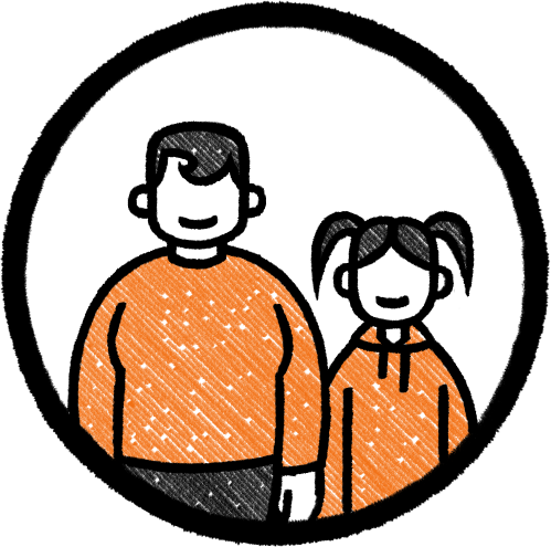 Cartoon of a man and a girl wearing orange hoodies, smiling, with a white background with a black circular border.