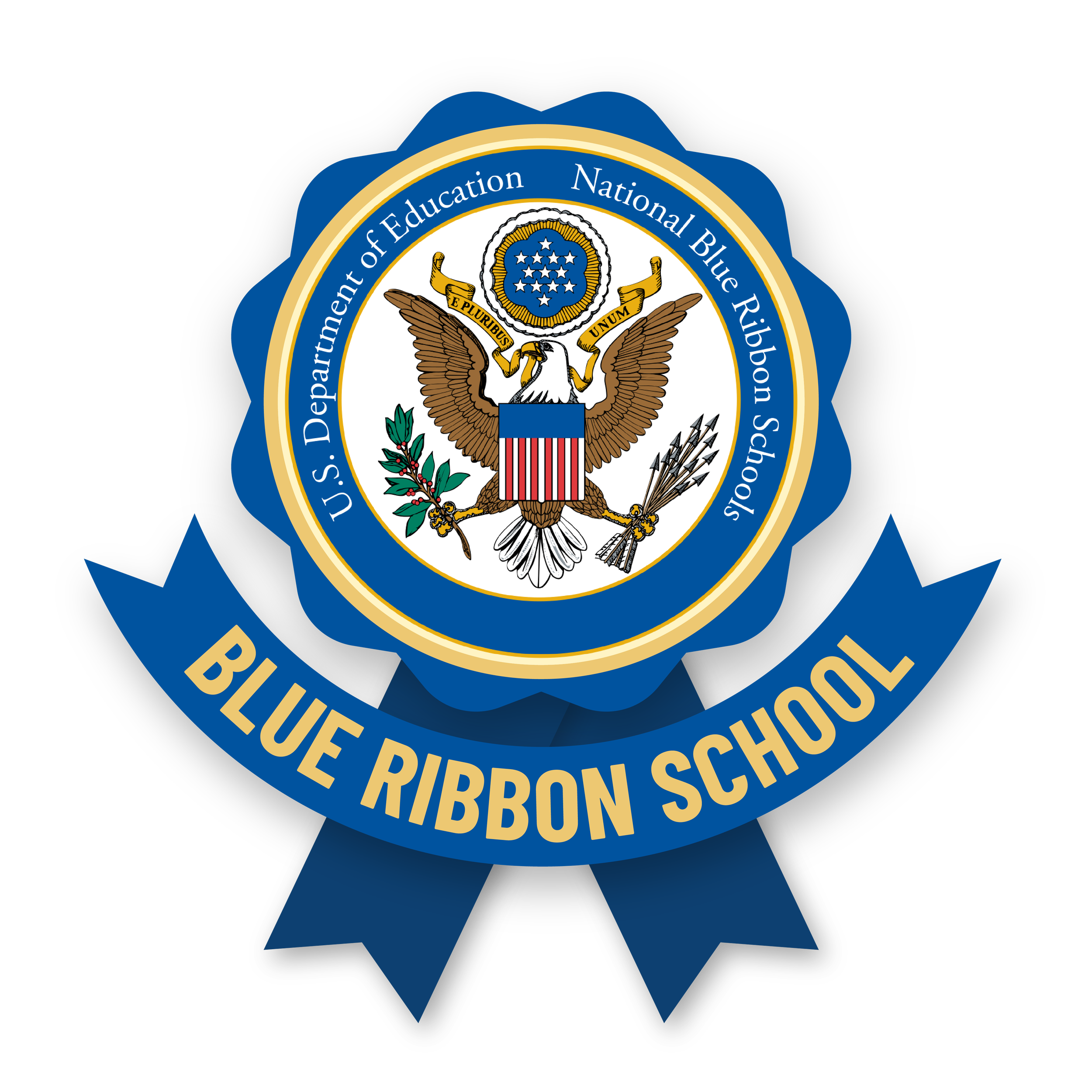 Badge or emblem with a circular blue border, featuring white text around the edge that reads 'U.S. Department of Education Blue Ribbon Schools.' Inside the circle, there is an eagle holding a ribbon with the Latin phrase 'E Pluribus Unum' and surroun