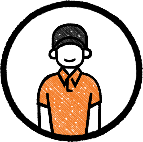 A simple cartoon illustration of a person with a baseball cap, wearing an orange shirt and facing forward within a circular black border.