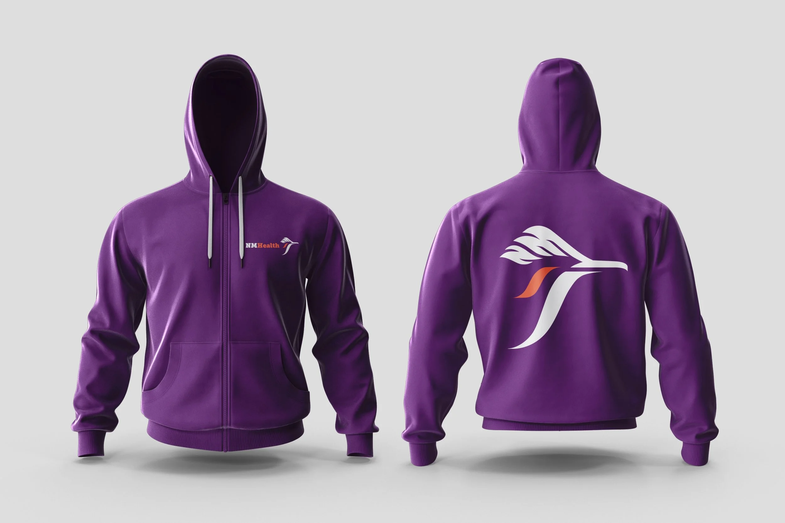 Front and back view of a purple hoodie with white and orange logo on the front and a stylized wing on the back.