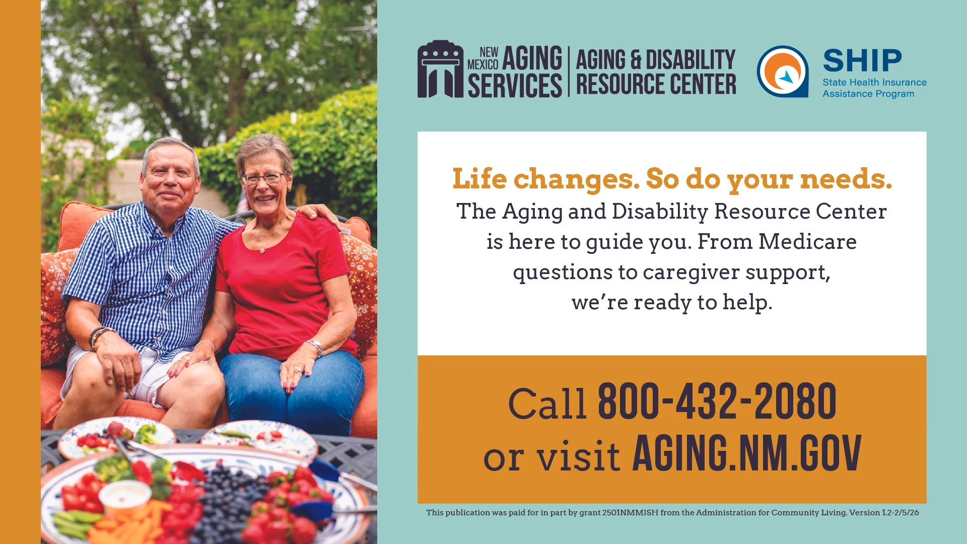 A promotional flyer for the New Mexico Aging and Disability Resource Center features a smiling elderly couple sitting outside on a patio. The flyer includes contact information, a phone number, and a website address, highlighting guidance and support
