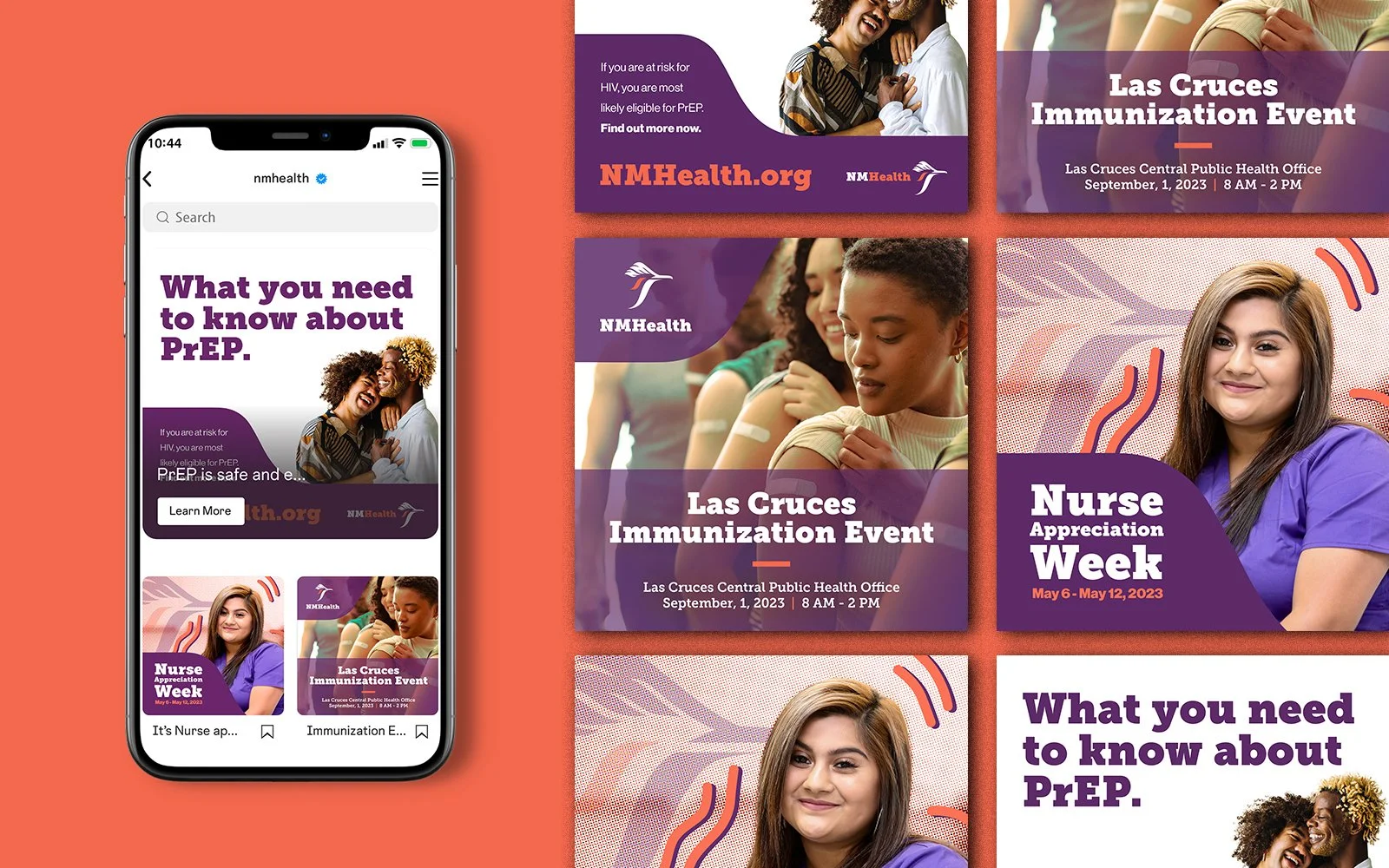 A mobile phone displaying a webpage with information about PrEP, including a headline "What you need to know about PrEP," a photo of two women laughing, and a poster for the Las Cruces Immunization Event at the NMHealth website. The background featur