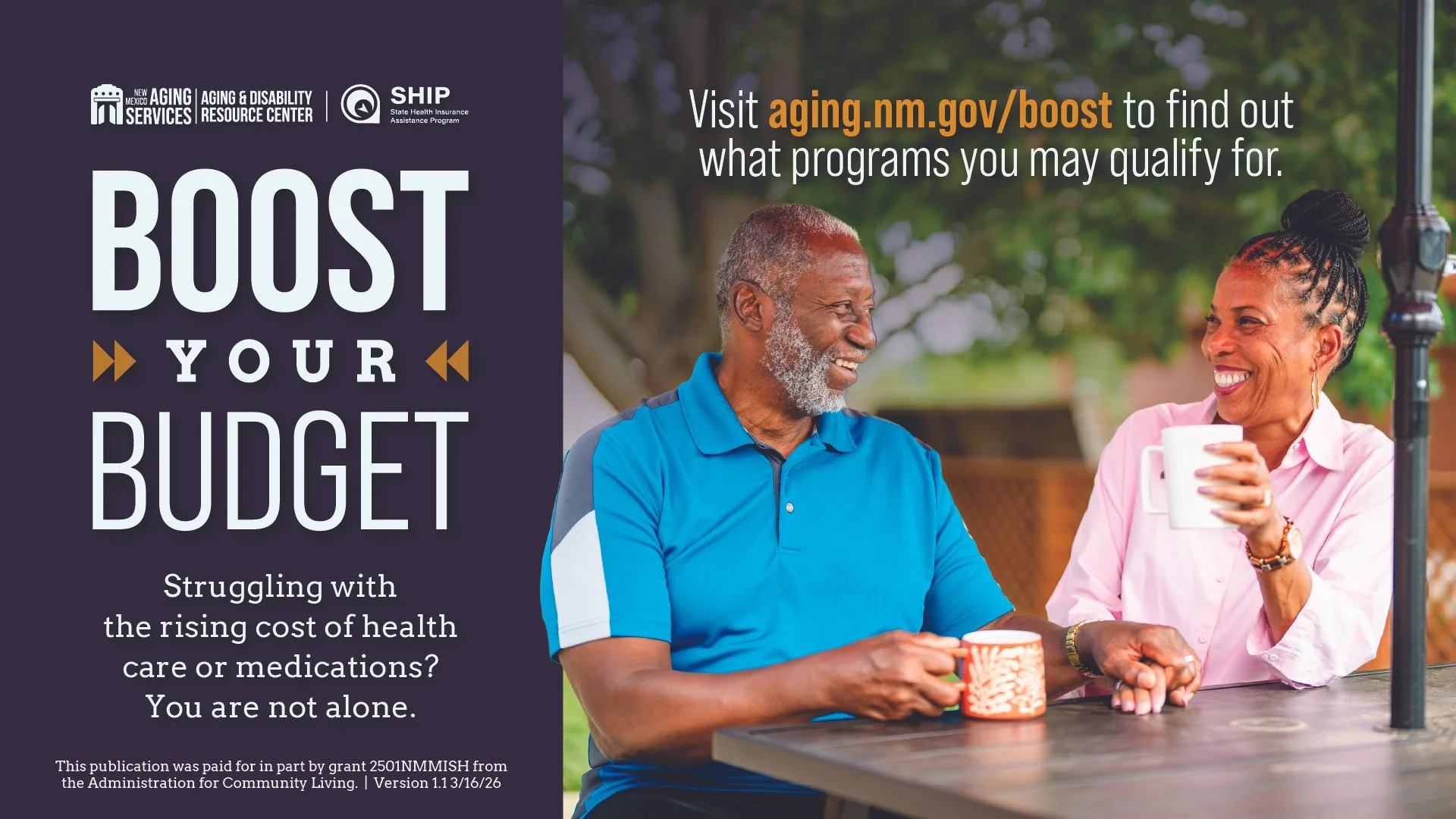 A flyer promoting programs to help seniors with financial challenges related to healthcare and medications, featuring an older man and woman enjoying a conversation outdoors.