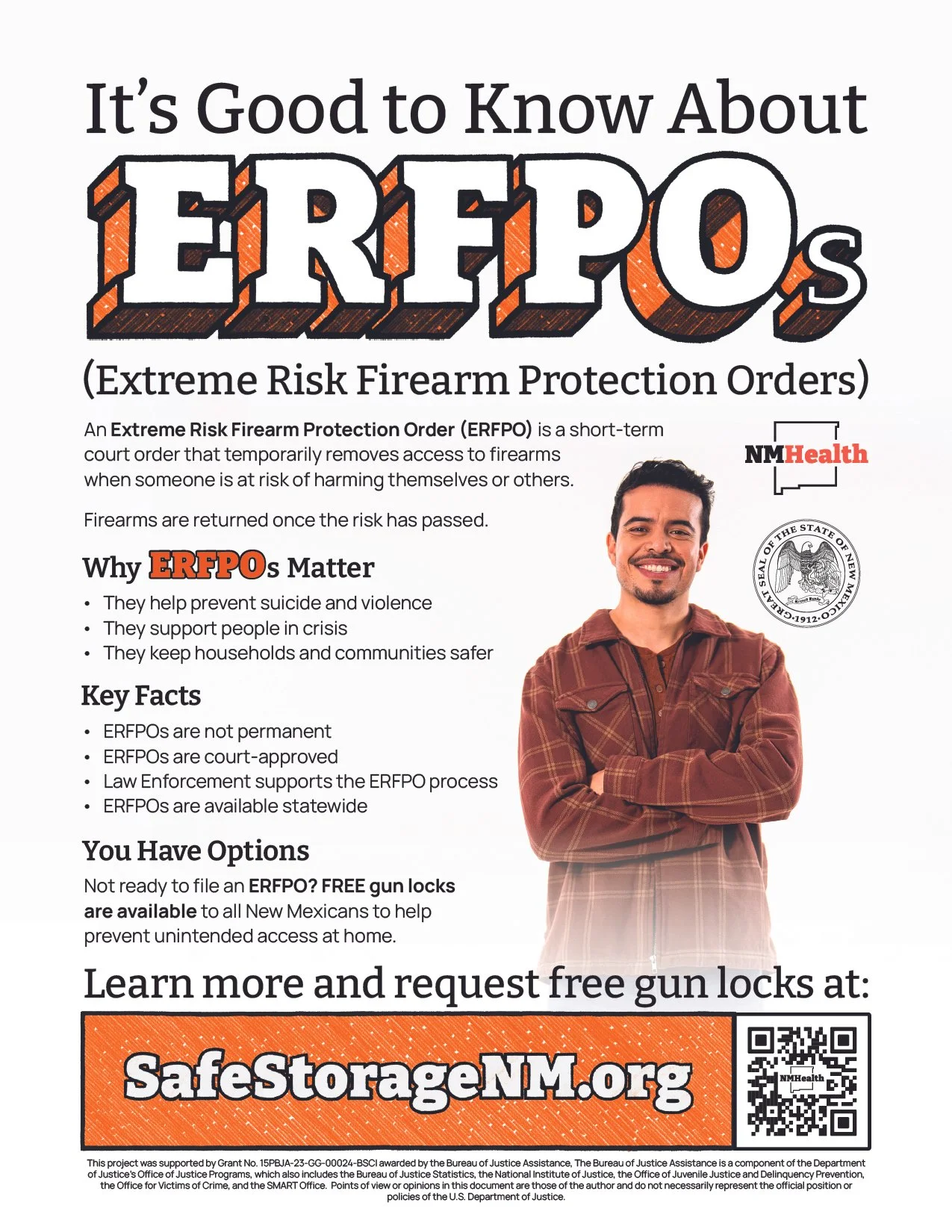 An informational flyer about ERPOs (Extreme Risk Firearm Protection Orders), featuring a smiling man with crossed arms, and logos of NMHealth and the New Mexico state seal.