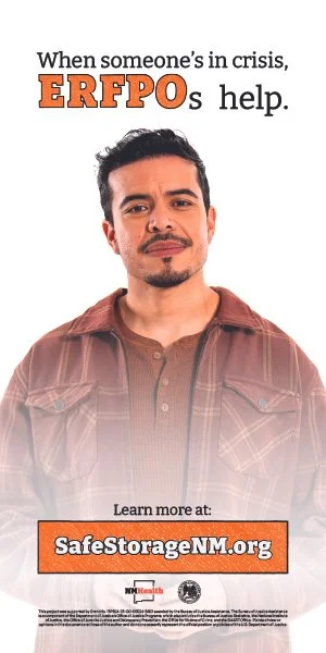 A man with a serious expression wearing a brown plaid shirt, promoting ERFPOs help and SafeStorageNM.org for crisis support.