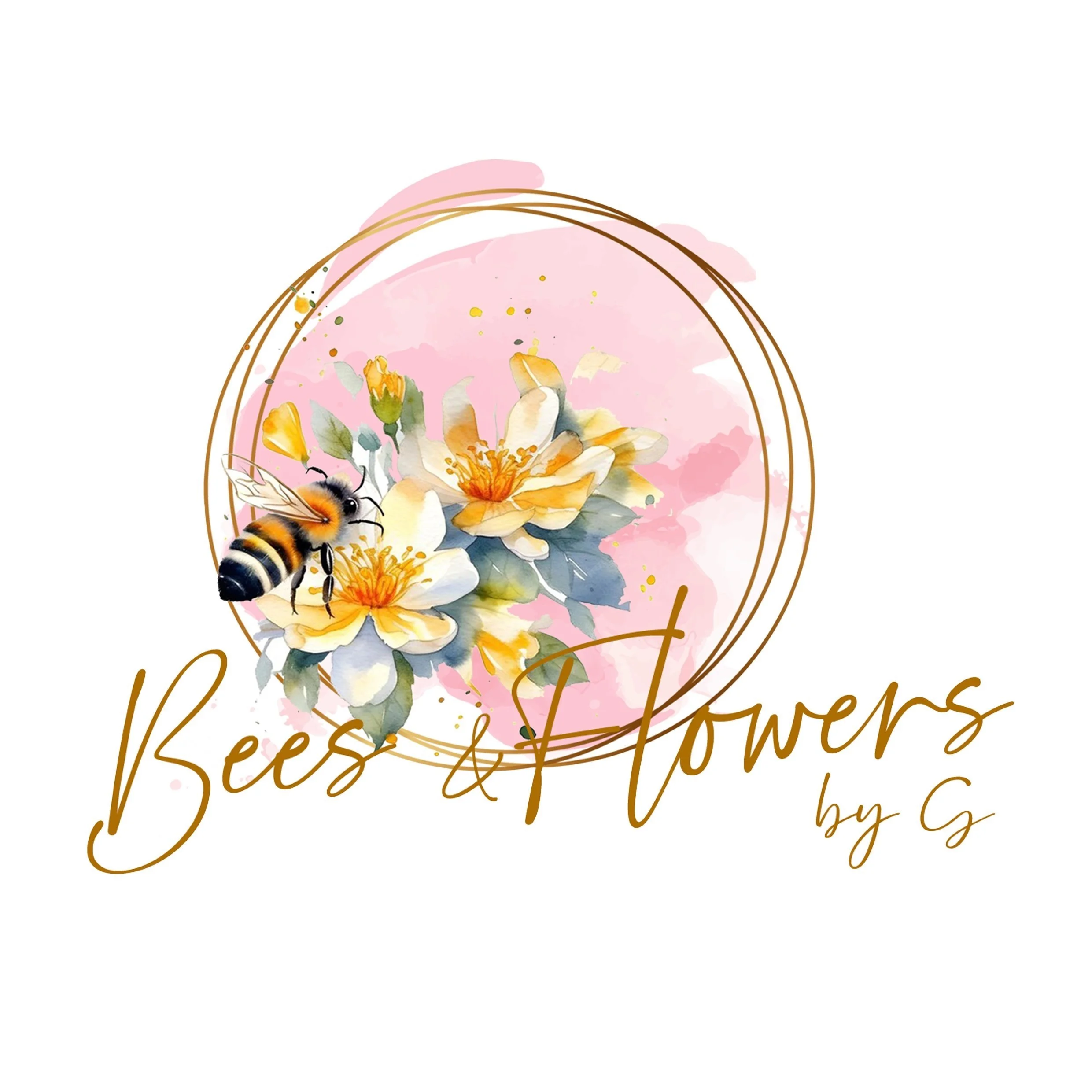 A logo featuring watercolor style white and yellow flowers, a bee, pink background with gold accents, and the text 'Bees & Flowers by G' in cursive.