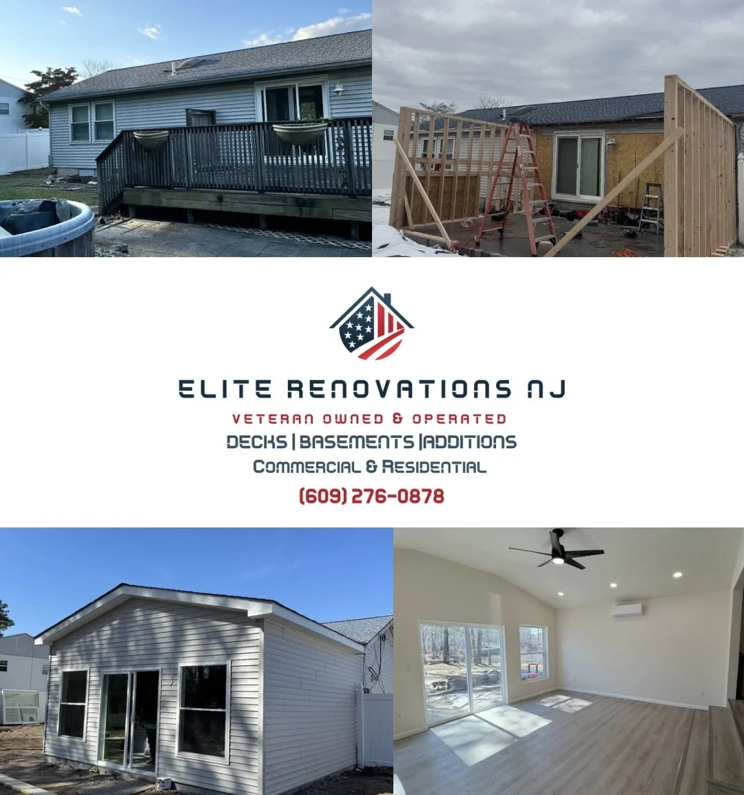 Before and after home renovation projects Elite Renovations NJ, featuring completed deck, construction frame, finished exterior, and interior room with windows.