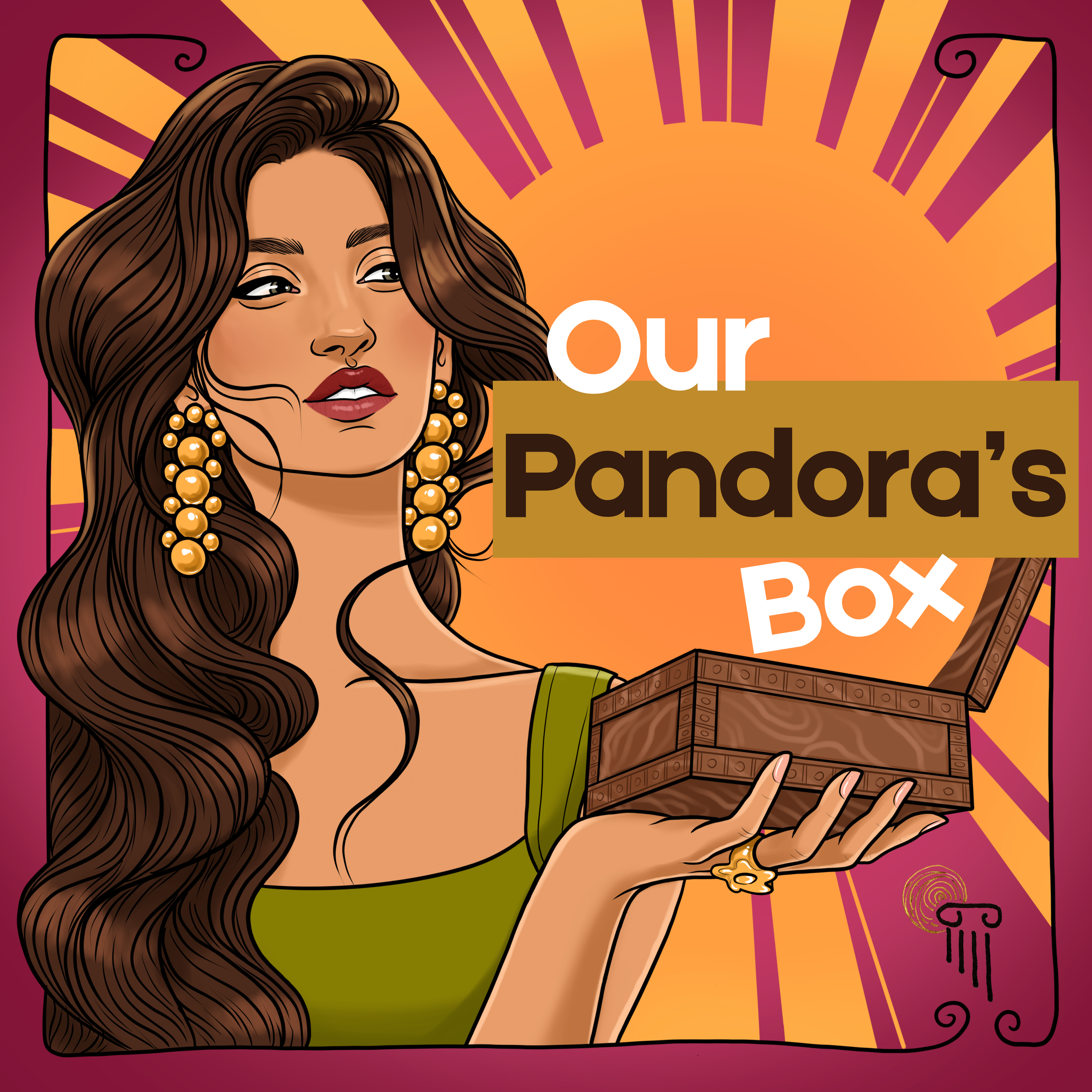 Cover art for Our Pandora's Box podcast with woman holding open box