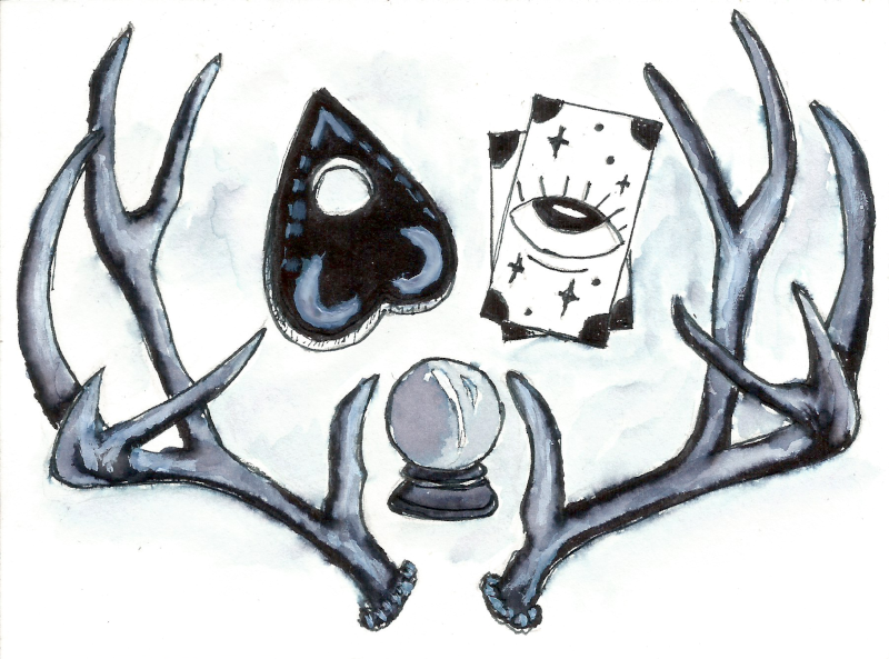 Original episode artwork, “A Year of Introspection“ using watercolor, acrylic,  and pen by Jody Mayer. The image features a nod to our shadow encounter and some curious objects.