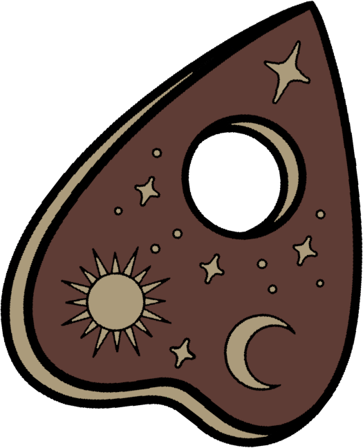 An illustration of a planchette with celestial objects including a sun, moon, stars, and planets, inside.