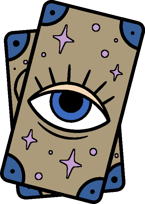 A tarot card with an illustration featuring a large eye in the center, surrounded by stars, with a beige background and blue accents.