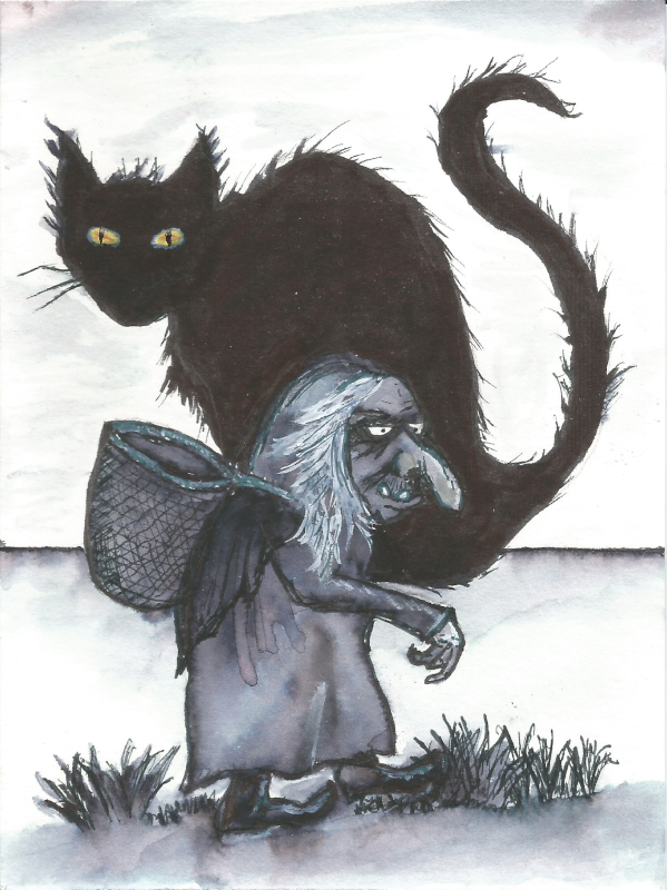 Original episode artwork of Grýla and Jólakötturinn using watercolor, pen and acrylic by Jody Mayer