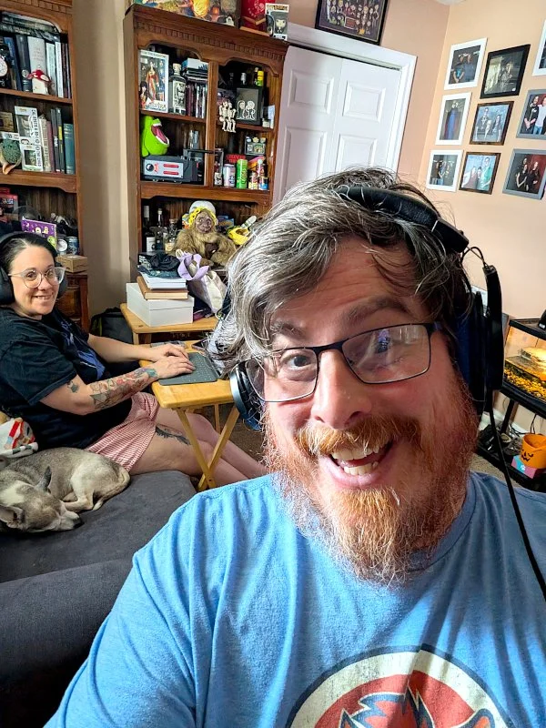 Gab and Jody doing their thing in the “studio” with Charlie, their dog's supervision