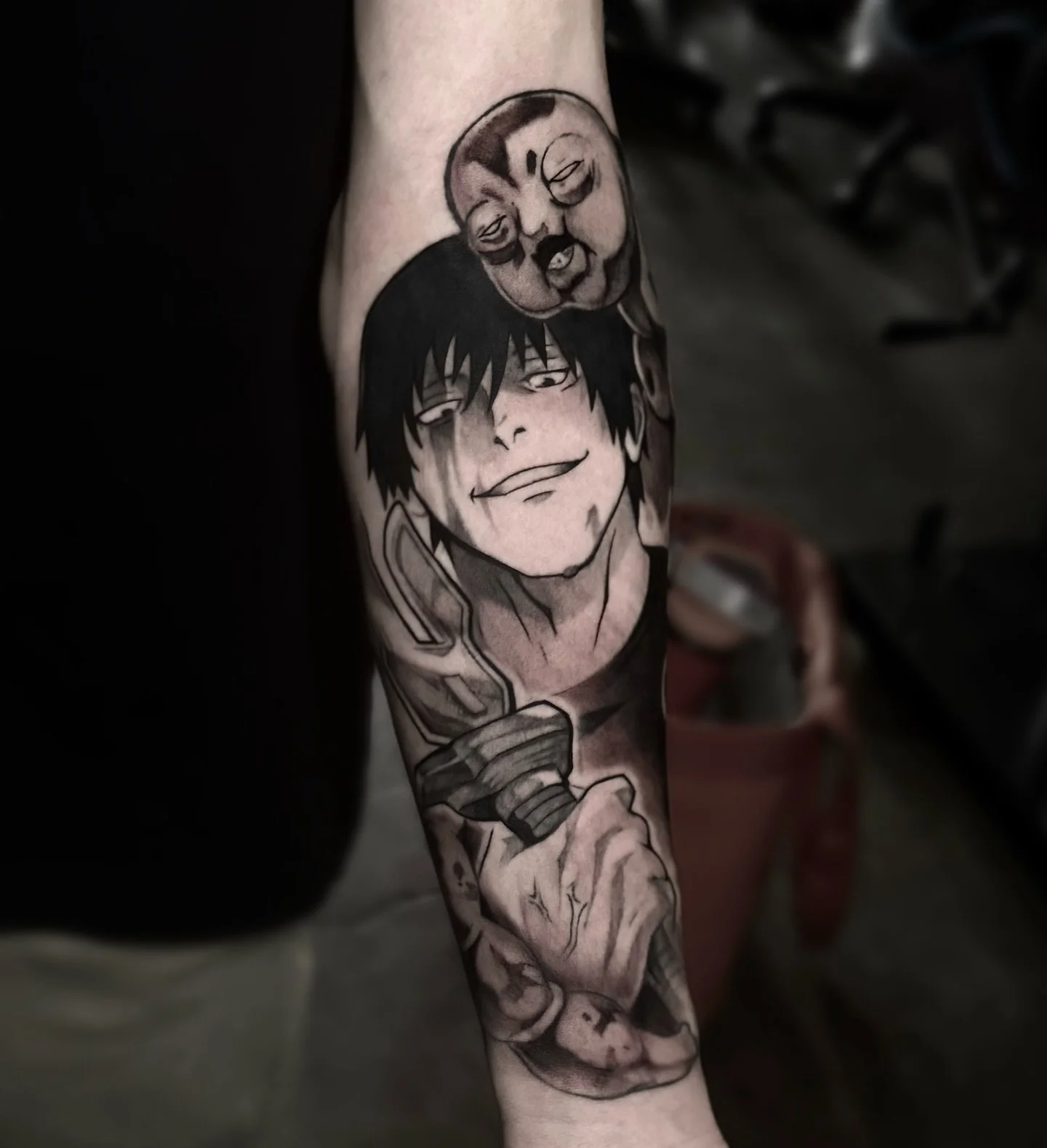 Toji on the forearm! βοΈπI have a lot of black and grey pieces to post! Now that @studioxhero is officially open I’ll be sharing a lot more complete and in progress work, btw my algorithm is pretty shot from lack of posting so be sure to like s