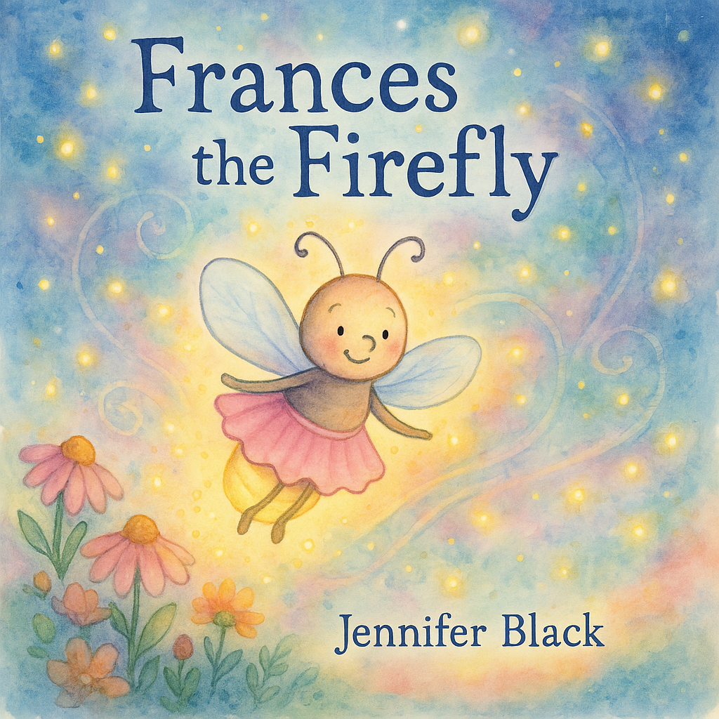 Cover illustration of a children’s book titled Frances the Firefly, featuring a glowing firefly in a jar held by a little girl in a pink tutu.