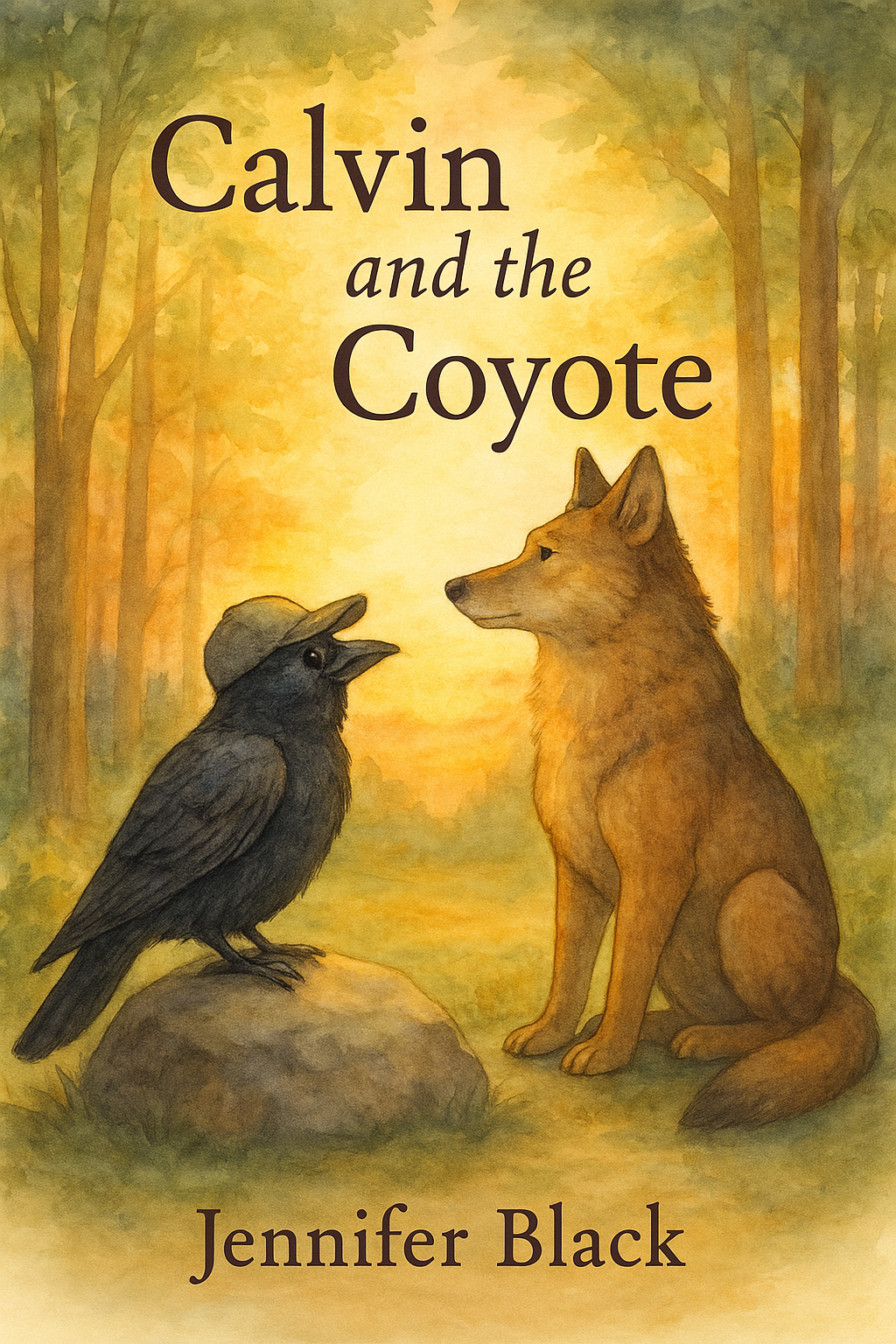 Cover art for Calvin and the Coyote, showing a crow in a ball cap and a strong coyote under a glowing forest sky
