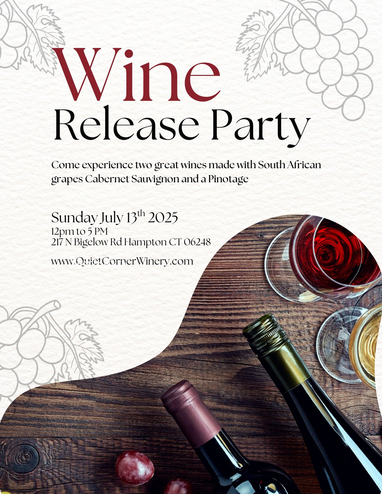 🍷 Wine Release Party at Quiet Corner Winery! 🍷
Join us this Sunday July 13th from 12–5 PM for a special release celebration you won’t want to miss!
We’re debuting two incredible new wines crafted from premium South African grapes
