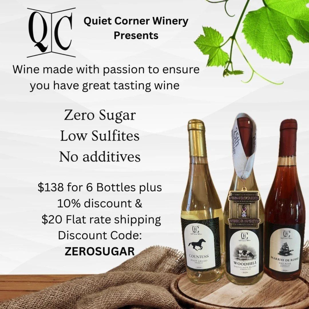 Sip Clean. Taste Bold.π·
Introducing our Zero Sugar Collection at Quiet Corner Winery — where purity meets flavor.
β¨ Countess Pinot Grigio – Crisp, refreshing, and elegant with no sugar, no additives, and low sulfites.
πΏ Woodhill Sauvig