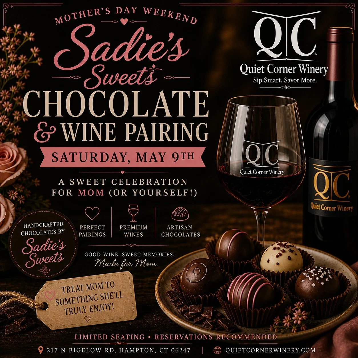 Chocolate + Wine. Done right. 🍷🍫

This Saturday for Mother&rsquo;s Day weekend we&rsquo;re pairing handcrafted truffles from Sadie&rsquo;s Sweets Shop with Quiet Corner wines.

Small group. Real pairings. No fluff. 

👉 Sign up now &mdash; limited 
