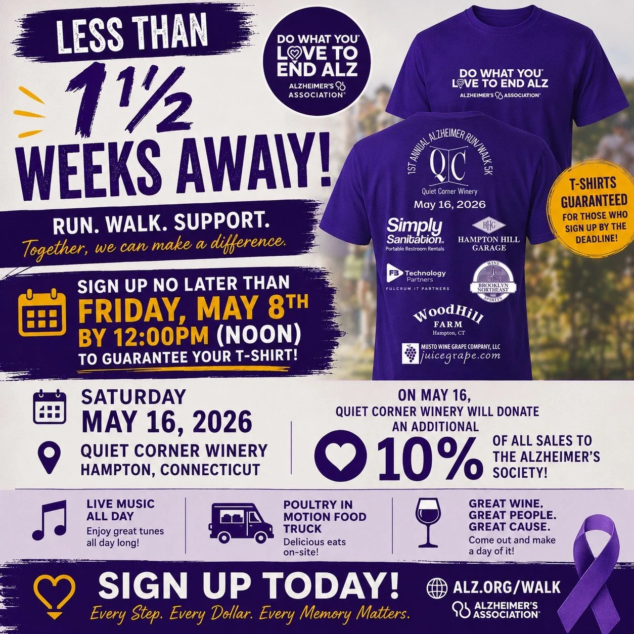Guarantee your Quiet Corner Winery Alzheimer 5K T-shirt! 👟☀️
Sign up before 12 Noon May 8th

Fair Weather Runner/Walkers Not trying to jinx anything&hellip; but the long-range forecast for Saturday, May 16 is looking SUNNY. If you&rsquo;re one of th