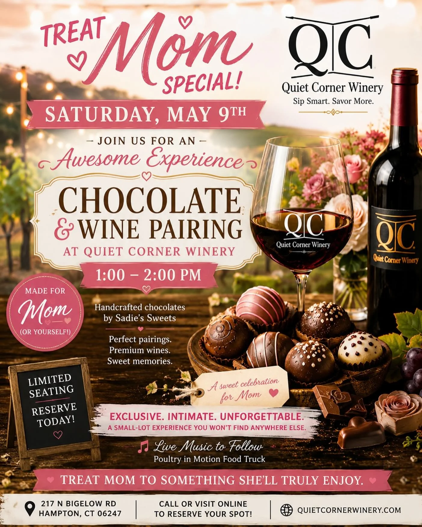 🌸 Celebrate Mom Before the Mother&rsquo;s Day Rush 🌸

Tomorrow is the perfect chance to slow down, relax, and treat Mom to something special. 🍷🍫

Join us at Quiet Corner Winery for a Chocolate &amp; Wine Pairing designed for sharing great moments