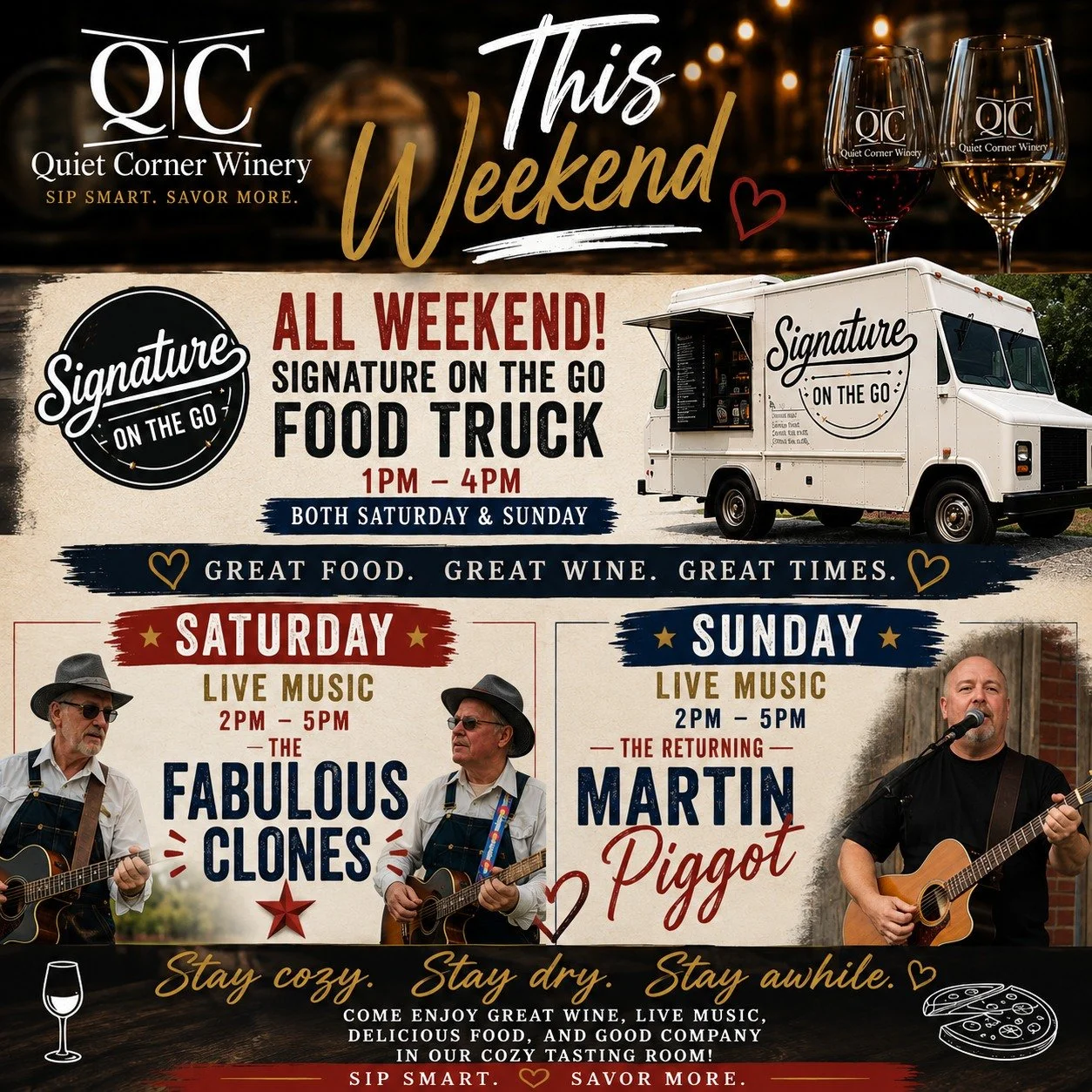 🎶🍷 This Weekend at Quiet Corner Winery 🍷🎶
Looking for a reason to get out this weekend? We've got great wine, live music, and fantastic food waiting for you.
🚚 Signature Kitchen To Go Food Truck
🕐 1PM&ndash;4PM Saturday &amp; Sunday
🎸 Saturday