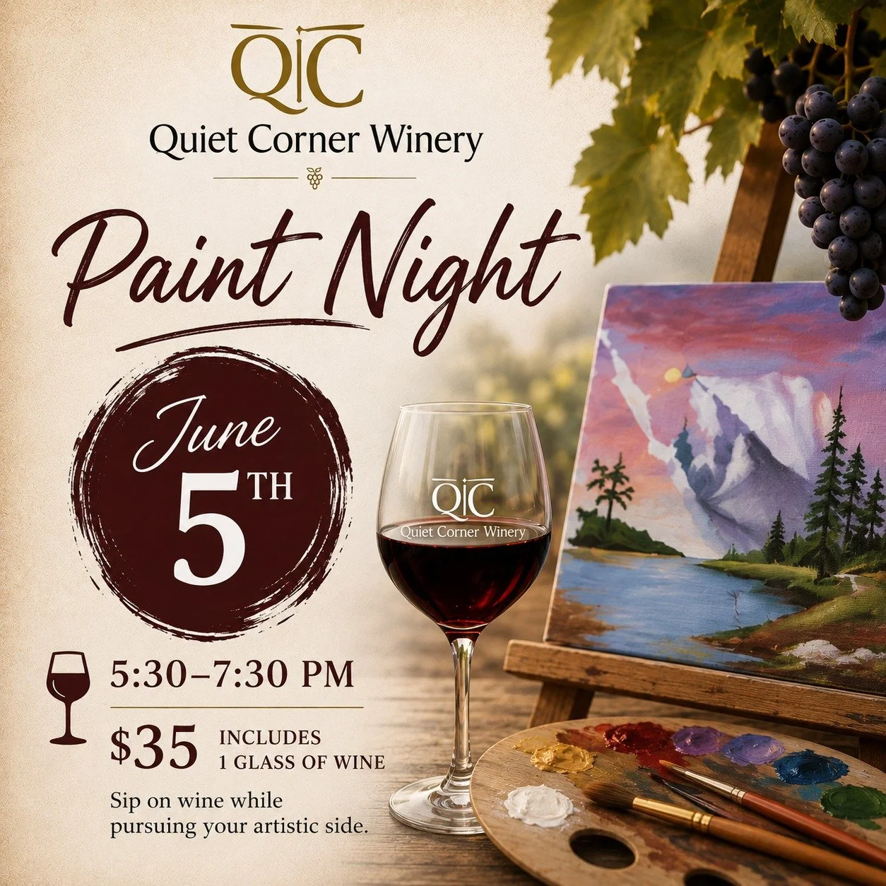 🎨🍷 Unwind, sip, and create with us!

Join us at Quiet Corner Winery on Thursday, June 5th for Paint Night from 5:30&ndash;7:30 PM.

For just $35, you'll enjoy:
🍷 A glass of wine
🎨 A guided painting experience
😊 Great company and a relaxing eveni