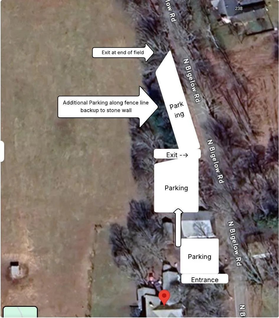 Quiet Corner Winery parking diagram showing designated parking areas, entrance and exits along North Bigelow Road