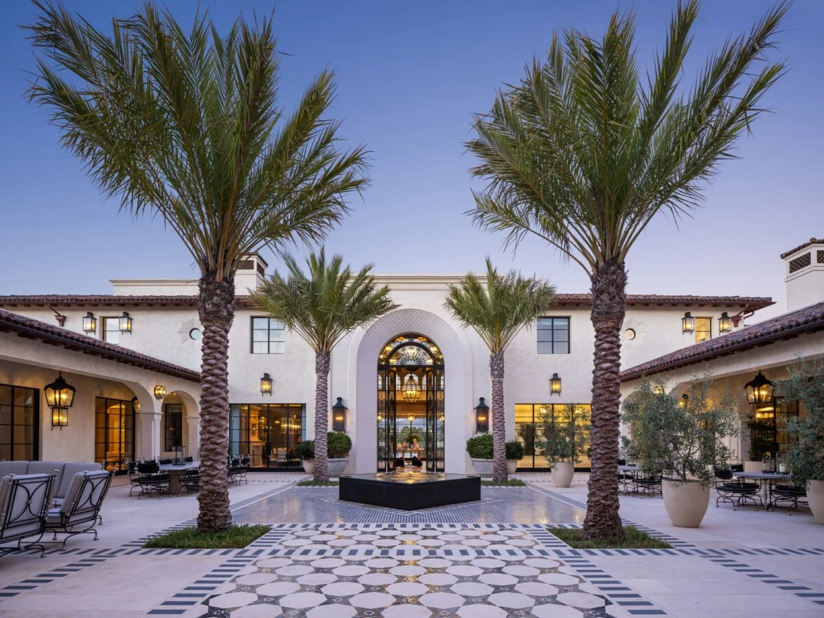 Exterior of residence in Rancho Santa Fe, with lighting design by Tirschwell Lighting, architecture by Shubin Donaldson, interiors by Lucas Interior, and landscape by Hocker Design.