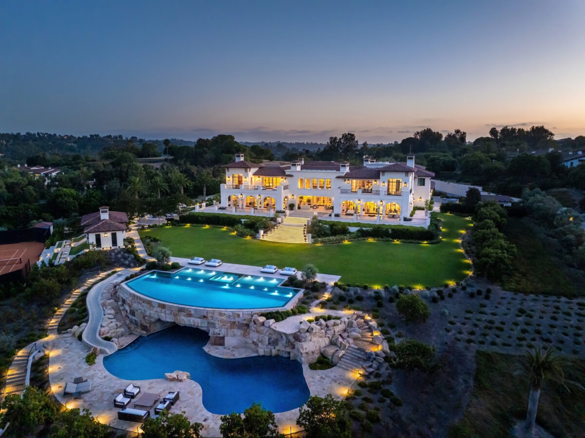 Aerial image of California coastal residence, lighting by Tirschwell