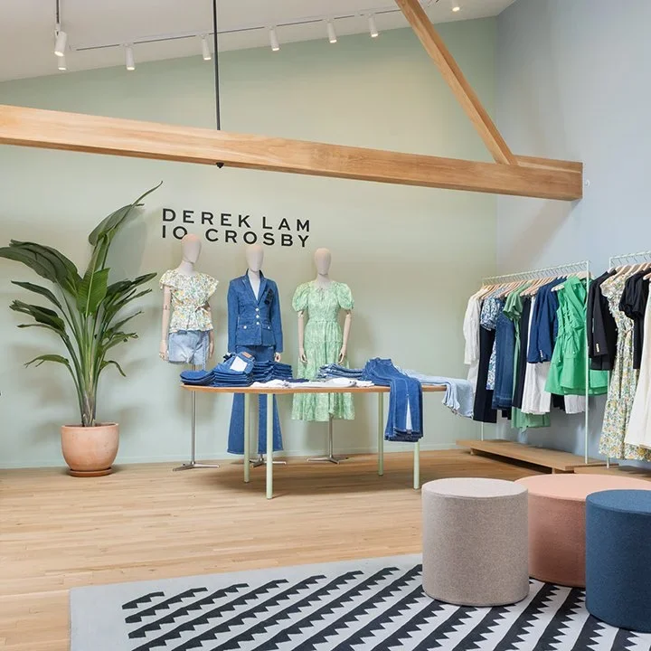 Interior of a clothing boutique featuring mannequins dressed in casual and business attire, a rack with colorful dresses, a large potted plant, and a black-and-white zigzag rug.