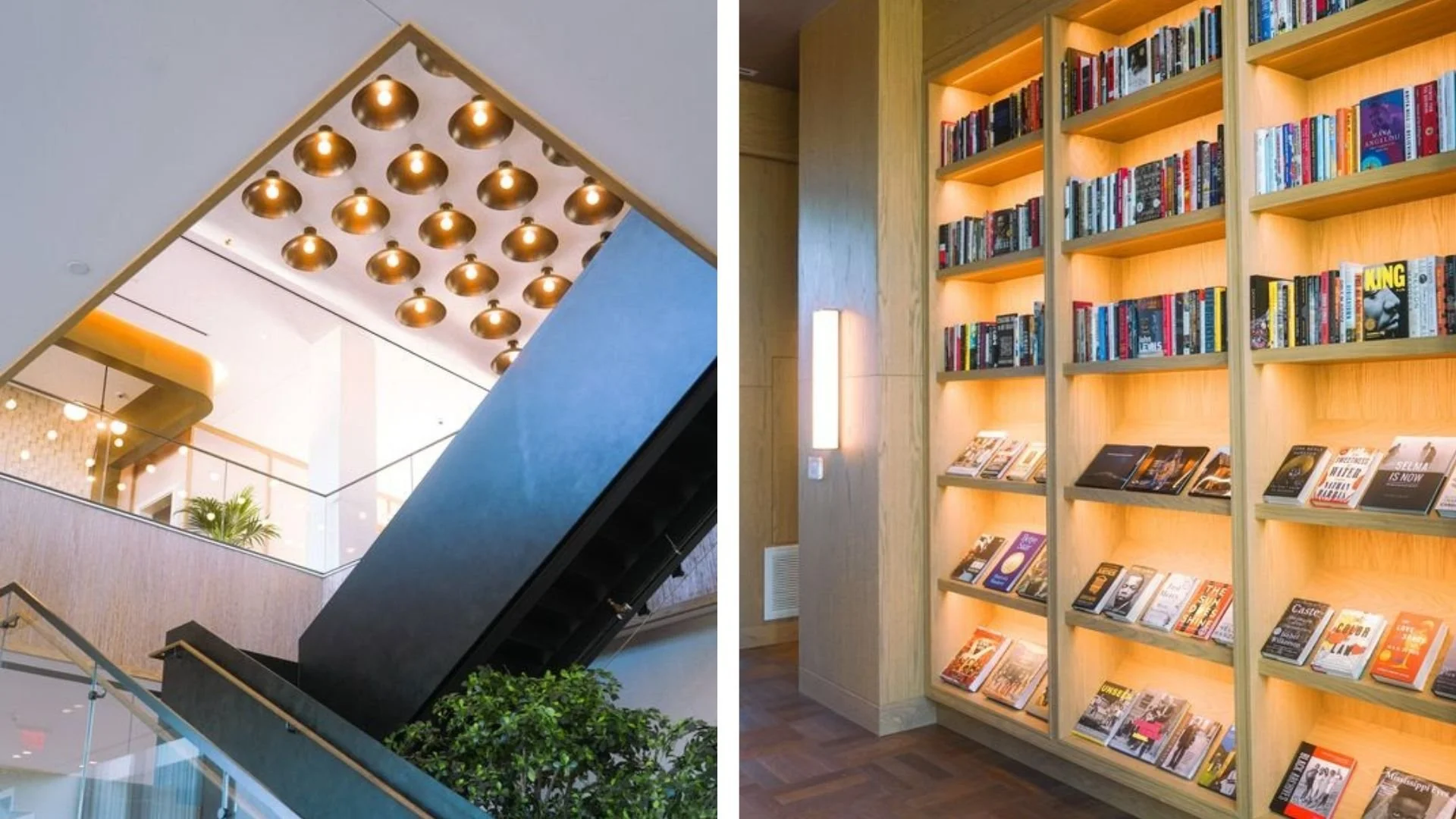 Left side shows an indoor escalator in a modern building with decorative ceiling lights a plant, and glass railing. Right side shows a wooden bookshelf filled with books and magazines, with warm lighting.